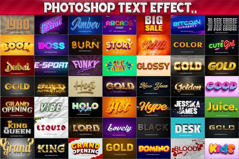 Puede incluir: Una cuadr&iacute;cula de efectos de texto de Photoshop, incluyendo "1980", "Amber", "Arcade", "Big Sale", "Bitcoin Currency", "Boom", "Boss", "Burn", "Story", "Chilli", "Color", "Cute Girl", "Dubai", "E-Sport", "Funky", "Give Away", "Glossy", "Gold", "Host", "Hype", "Jessica James".
