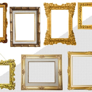 May include: Six ornate picture frames in various styles and sizes. The frames are made of gold-colored wood and have a variety of decorative details. Some frames have a white mat, while others have a clear glass.