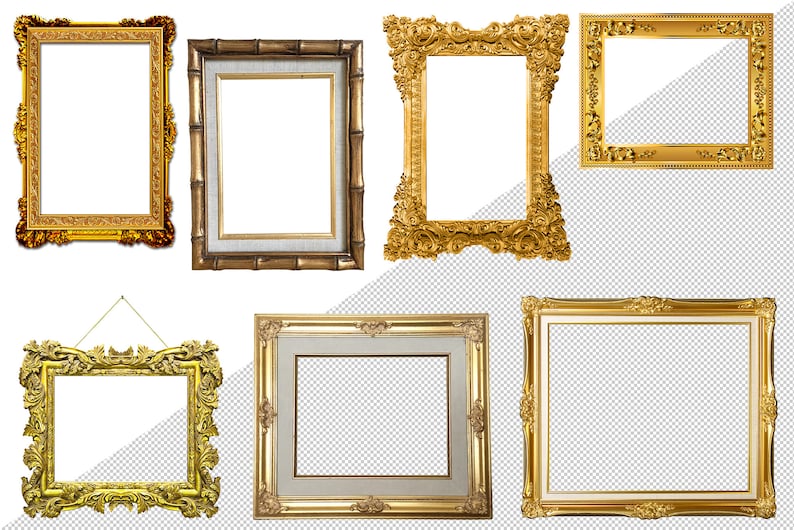 May include: Six ornate picture frames in various styles and sizes. The frames are made of gold-colored wood and have a variety of decorative details. Some frames have a white mat, while others have a clear glass.