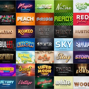 Puede incluir: Una colecci&oacute;n de efectos de texto con varios estilos y colores. La imagen presenta palabras como "Elegant", "Music", "Nature" y "Ready", cada una con tratamientos visuales &uacute;nicos. El tema general est&aacute; relacionado con el dise&ntilde;o gr&aacute;fico y los efectos de texto.