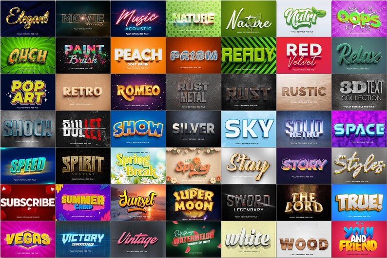 Puede incluir: Una colecci&oacute;n de efectos de texto con varios estilos y colores. La imagen presenta palabras como "Elegant", "Music", "Nature" y "Ready", cada una con tratamientos visuales &uacute;nicos. El tema general est&aacute; relacionado con el dise&ntilde;o gr&aacute;fico y los efectos de texto.