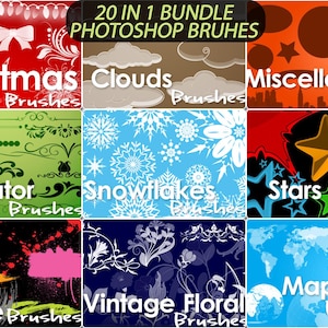 May include: A graphic showcasing a bundle of Photoshop brushes. The image is divided into sections, each featuring a different brush category, including Christmas, Clouds, Miscellaneous, Separator, Snowflakes, Stars, Grunge, Vintage Floral, and Maps.