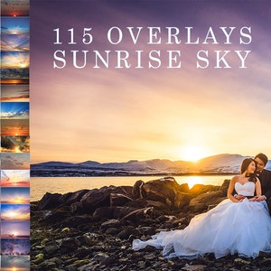 May include: A couple poses for a photo in front of a scenic sunset over a body of water. The text "115 OVERLAYS SUNRISE SKY" is displayed in the upper left corner of the image.