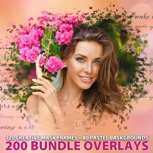 Puede incluir: Una mujer con cabello largo y castaño está rodeada de flores rosas y un fondo borroso con el texto "Spring wake up" repetido varias veces. La imagen es parte de un paquete de 200 marcos de máscara creativos y fondos pastel.
