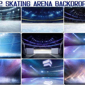 22 Skating Arena Backdrops, Empty winter background, ice ring spotlights, Blue ice floor texture, indoor skating stadium, entry corridor