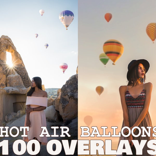 100 Hot Air Balloon Overlays, Balloons, Photoshop overlays, digital aerostat clipart, clip art, backdrop editing, Flying Balloons, PNG files