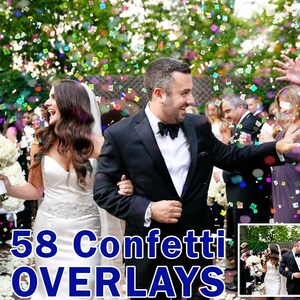 May include: A bride and groom walk down the aisle, showered with colorful confetti. The bride is wearing a white wedding dress and the groom is wearing a black suit. The text "58 Confetti Overlays" is visible in the image.