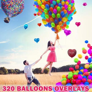May include: A couple holding onto colourful balloons in a field. The woman is wearing a pink dress and the man is wearing a white shirt and blue jeans. There are many balloons in the sky and on the ground. The balloons are red, blue, green, yellow, orange, purple, and pink. The balloons are in the shape of hearts and circles. The text "LOVE" is on one of the balloons.