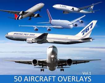 May include: A collection of 50 aircraft overlays, featuring various aeroplane models in flight against a blue sky. The overlays are ideal for adding a realistic touch to your designs.
