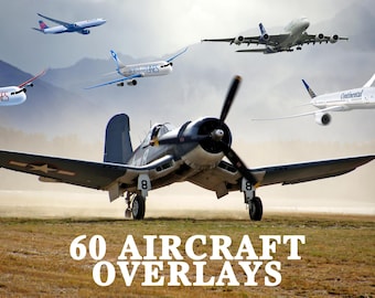 May include: A collection of 60 aircraft overlays, featuring a variety of planes, including a blue and white commercial jet, a white and red commercial jet, a blue and white commercial jet, a white commercial jet, and a dark blue fighter jet. The overlays are ideal for adding a touch of realism to your photos or videos.