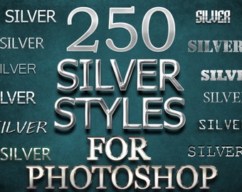 Puede incluir: Una imagen de diseño gráfico con el texto "250 SILVER STYLES FOR PHOTOSHOP" en una fuente metálica plateada. El texto "SILVER" se repite varias veces en una fuente más pequeña alrededor del texto principal.