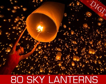 80 Sky Lanterns Photo Overlays, Light Night Effect, Flying, Floating Lanterns Holiday Festival, JPG