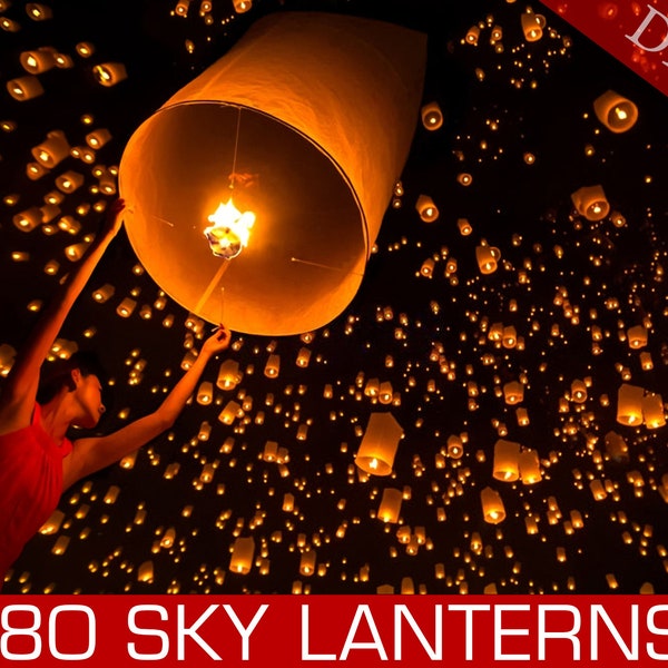 80 Sky Lanterns Overlays, Sky lanterns festival, Flying lanterns, Floating lanterns, light night effect, holiday overlays, Photo Overlays