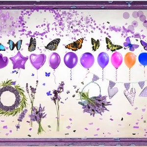 Puede incluir: Una imagen enmarcada en morado y blanco con un tema de lavanda. La imagen presenta una corona de lavanda, ramos de lavanda, globos morados, mariposas y confeti.