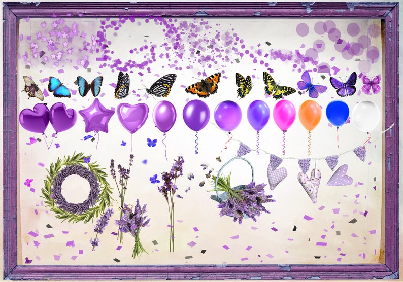 Puede incluir: Una imagen enmarcada en morado y blanco con un tema de lavanda. La imagen presenta una corona de lavanda, ramos de lavanda, globos morados, mariposas y confeti.
