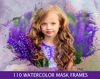 110 Watercolor Portrait Mask, Brush Paint Photo Frame Overlays, Textures, Photoshop overlays, PNG