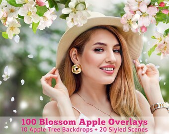 100 Apple Blossom Photo Overlays, Spring Tree Branch Backdrops, Flowering Branches, White Orchard