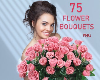 75 Flower Bouquets, Digital Spring Bouquet, Rose flower Clip Art, Floral season, Tulip real flowers, Snowdrop Photoshop overlays, PNG files