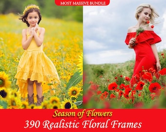 390 superposiciones de fotos de flores, marcos realistas de primavera y verano, PNG,