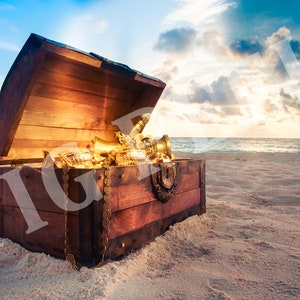 Old Trunk Box Digital Backdrop, fairy Background, pirates treasure chest, old treasure chest of fairy tales, vintage box trunk, Sea Backdrop
