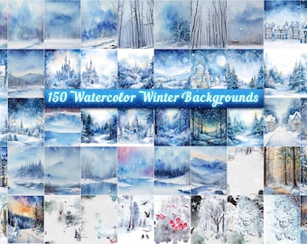 150 Watercolor Winter Backgrounds, Snowy Landscapes, Blue Night Forest, Cozy Villages, Magical Storybook