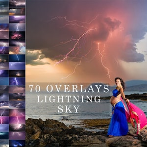 May include: A collection of 70 lightning sky overlays. The image features a woman in a blue dress with a pink scarf, standing on a rocky shore with a dramatic sky backdrop. The text "70 OVERLAYS LIGHTNING SKY" is visible.