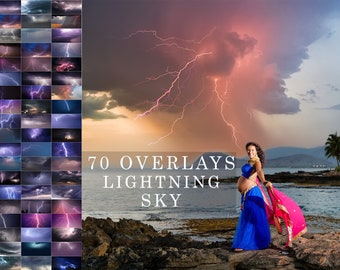 70 Sky with Lighting Photoshop Overlays Professional Photo Layer Background Backdrops for photographers, rain clouds effect, Sky overlay