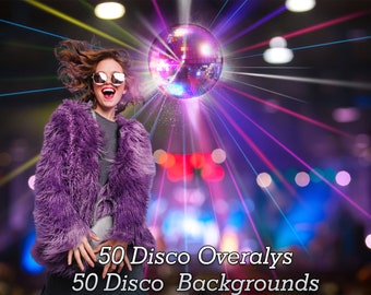 100 Disco Overlays, funkelnder Disco Ball Scheinwerfer, Spiegelball, Lasershow, Nachtclub Disco Party Hintergrund, glänzende Disco-Strahlen, Blur-Bokeh