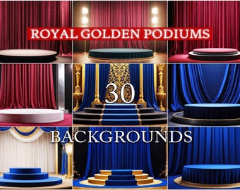 30 Royal Golden Podium Backgrounds, Luxury Stage Backdrops, Elegant Palace Pedestal, Velvet Red Curtains