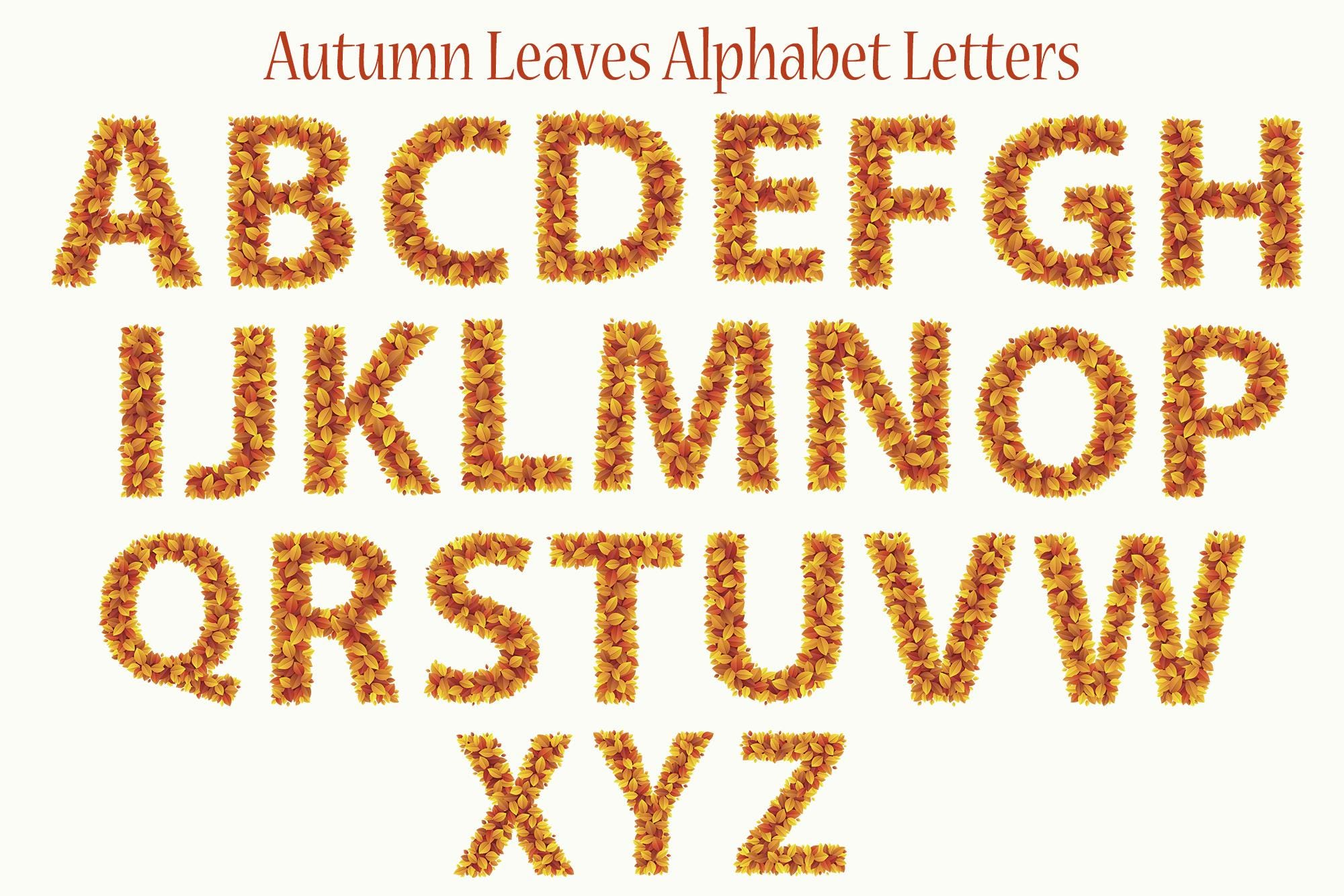 秋の紅葉のアルファベット文字、秋のクリップアート、印刷可能な