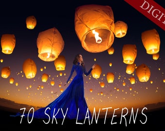 70 Sky Lanterns Overlays, Sky lanterns festival, Flying lanterns, Floating lanterns, light night effect, holiday overlays, Photo Overlays