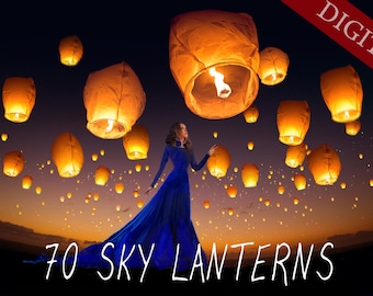 70 Sky Lanterns Overlays, Sky lanterns festival, Flying lanterns, Floating lanterns, light night effect, holiday overlays, Photo Overlays