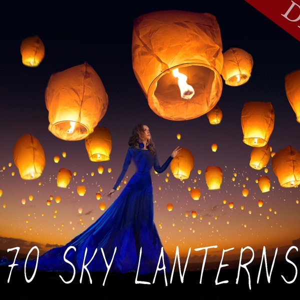 70 Sky Lanterns Overlays, Sky lanterns festival, Flying lanterns, Floating lanterns, light night effect, holiday overlays, Photo Overlays