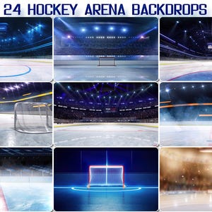 24 Hockey Arena Backdrops, Empty winter background, ice ring spotlights, Blue ice floor texture, indoor skating stadium, entry corridor