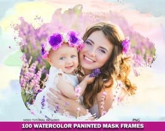 100 Watercolor Portrait Mask, Brush Paint Photo Frame Overlays, Textures, Photoshop overlays, PNG