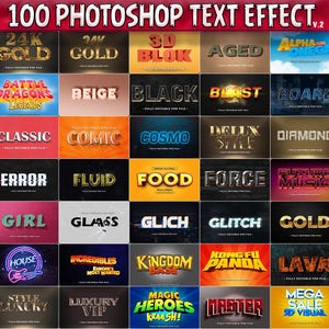 100 effetti di testo Photoshop premium, effetti di testo 3D completamente modificabili, stili di livello, modello di mockup di testo PSD, oro, argento, retrò, legno, pietra