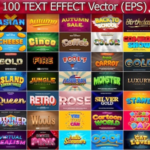 100 effetti di testo premium, file EPS vettoriali, illustrazione di design vettoriale 3D, effetti di testo completamente modificabili, modello di mockup di testo, oro, gioco di fumetti