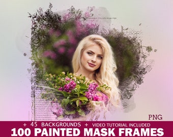 100 Painted mask frames, photo frame, Photoshop overlay, watercolor clipping photo mask, Bokeh Backgrounds, Fine Art Textures, PNG Frame