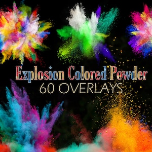 May include: A collection of 60 colorful powder explosion overlays. The overlays are in various colors, including red, orange, yellow, green, blue, purple, and pink. The overlays are perfect for adding a touch of color and excitement to your photos and videos.