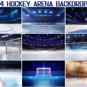 24 Hockey Arena Backdrops, Empty winter background, ice ring spotlights, Blue ice floor texture, indoor skating stadium, entry corridor