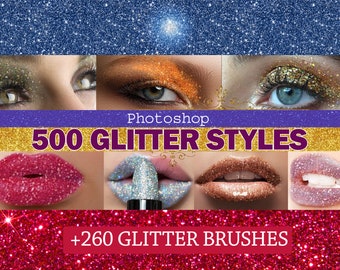500 estilos de brillo para Photoshop: dorado, plateado, texturas brillantes, destellos, efectos de texto con brillo y pinceles.