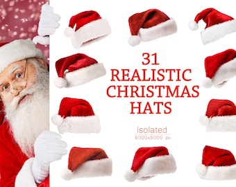 31 realistische Weihnachtsmützen Photoshop Overlays, Dekorative Feiertage, Weihnachtsmütze digital rot isoliert, Weihnachtsmütze Fotografie, JPG-Dateien