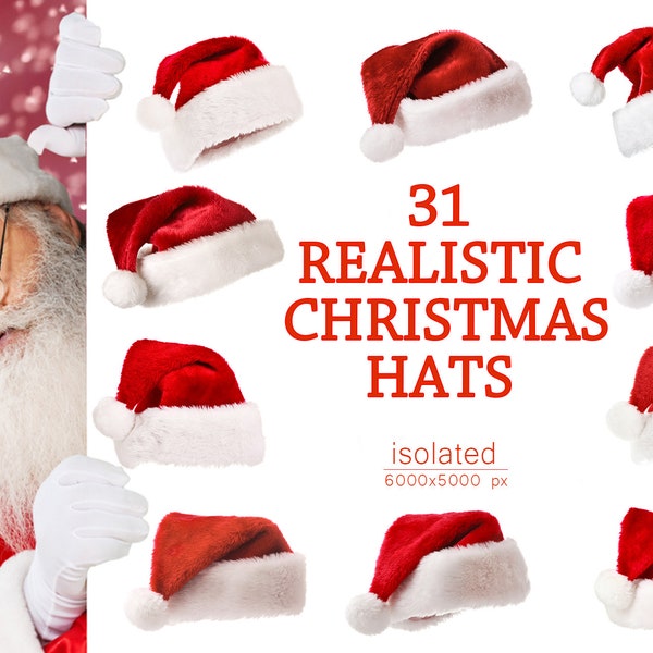 31 realistische kersthoeden Photoshop Overlays, decoratieve feestdagen, Santa digitale rode hoed geïsoleerd, kerstmuts fotografie, JPG-bestanden