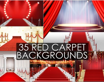 35 Red Carpet Stages, Empty award background, Digital shiny spotlight, Red stairs platform, Ceremony red stage, Victory podium background