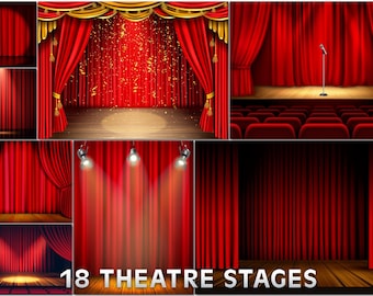 18 Digital theater scenes, Scene clip art graphics, Empty stage curtains, Red concert background, Opera drapery, Spotlight show curtains