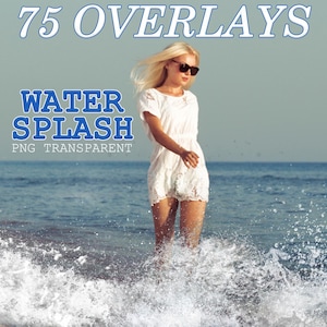 Puede incluir: Una mujer con un vestido blanco y gafas de sol camina hacia las olas del océano. El texto "75 OVERLAYS WATER SPLASH PNG TRANSPARENT" está en la parte superior de la imagen.