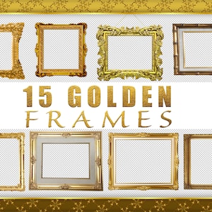 15 vintage gyllene ramöverlägg, retro fotoelement, gul, patina, gammal tavelram, dekorativ