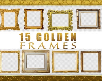 15 Goldene Rahmen Overlays, Separate PNG-Dateien, Vintage-Rahmen, Gelbe Rahmen, Patina Retro-Stil, Alter Bilderrahmen, Gold Dekorative Elemente