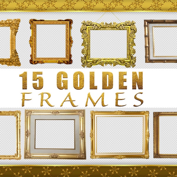 15 Golden Frame Overlays, Separate PNG Files, Vintage Frames, Yellow frames, Patina Retro Style, Old Picture Frame, Gold Decorative Elements