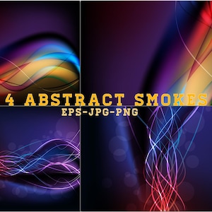 May include: Four abstract smoke designs on a dark purple background. The smoke is in shades of red, blue, yellow, and purple. The text "4 ABSTRACT SMOKES EPS-JPG-PNG" is in the centre of the image.